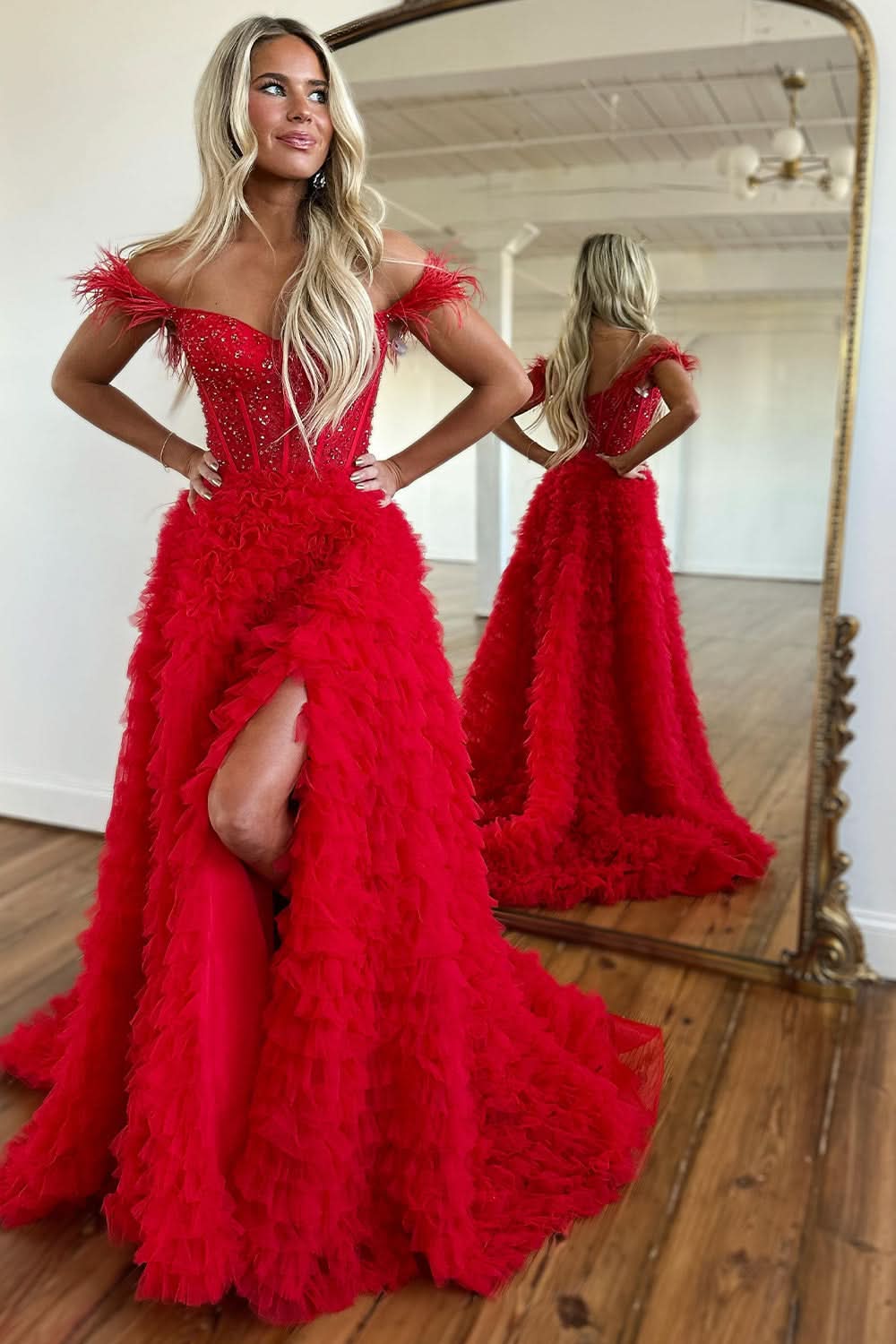 Sweet A-Line Sweetheart Tiered Tulle Long Prom Dress with Slit BM bride