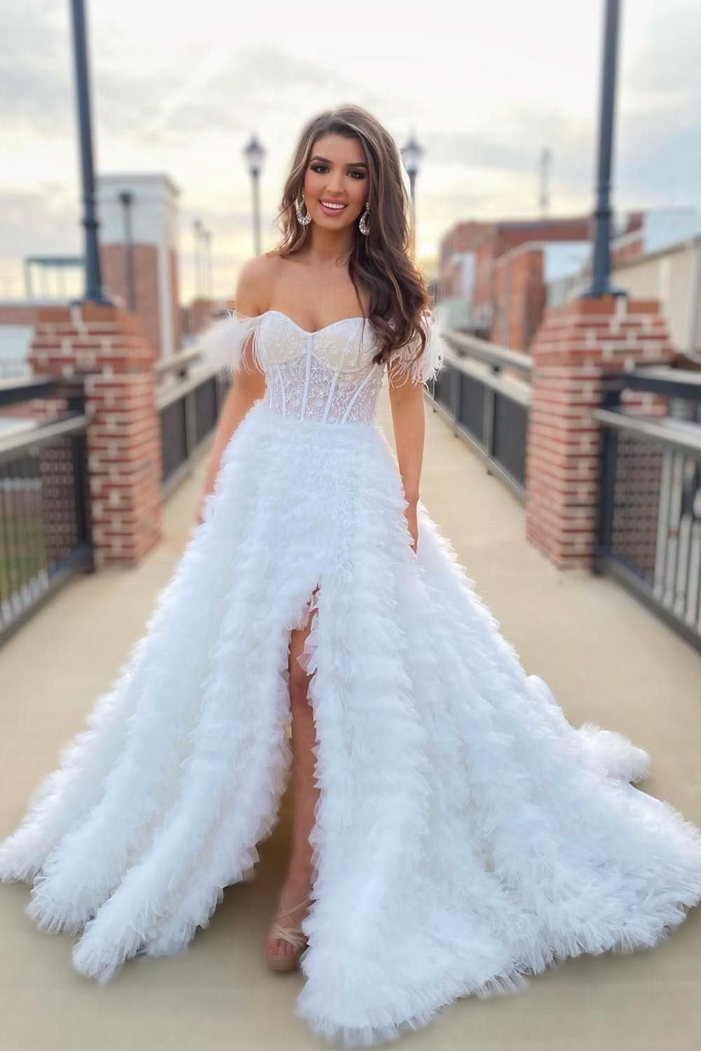 Sweet A-Line Sweetheart Tiered Tulle Long Prom Dress with Slit BM bride