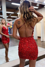 Sparkly Red Sequins Backless Tight Homecoming Dress Bmbride