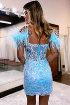 Glitter Blue Corset Lace Tight Short Homecoming Dress with Feathers Bmbride
