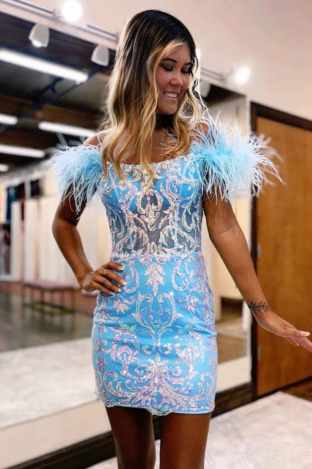 Glitter Blue Corset Lace Tight Short Homecoming Dress with Feathers Bmbride