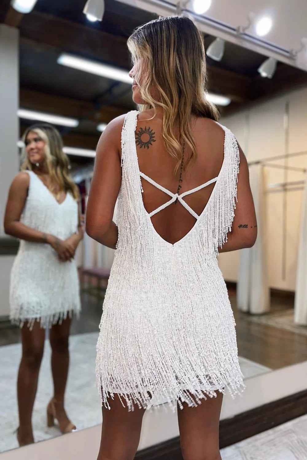 White V-Neck Backless Tight Short Homecoming Dress with Fringes Bmbride