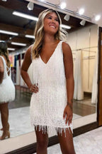 White V-Neck Backless Tight Short Homecoming Dress with Fringes Bmbride