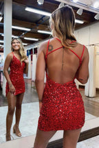 Sparkly Red Sequins Backless Tight Short Homecoming Dress with Slit Bmbride