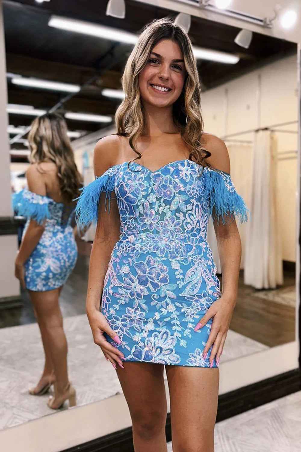 Sparkly Blue Lace Sequined Tight Short Homecoming Dress with Feathers Bmbride