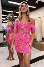 Sparkly Blue Lace Sequined Tight Short Homecoming Dress with Feathers Bmbride