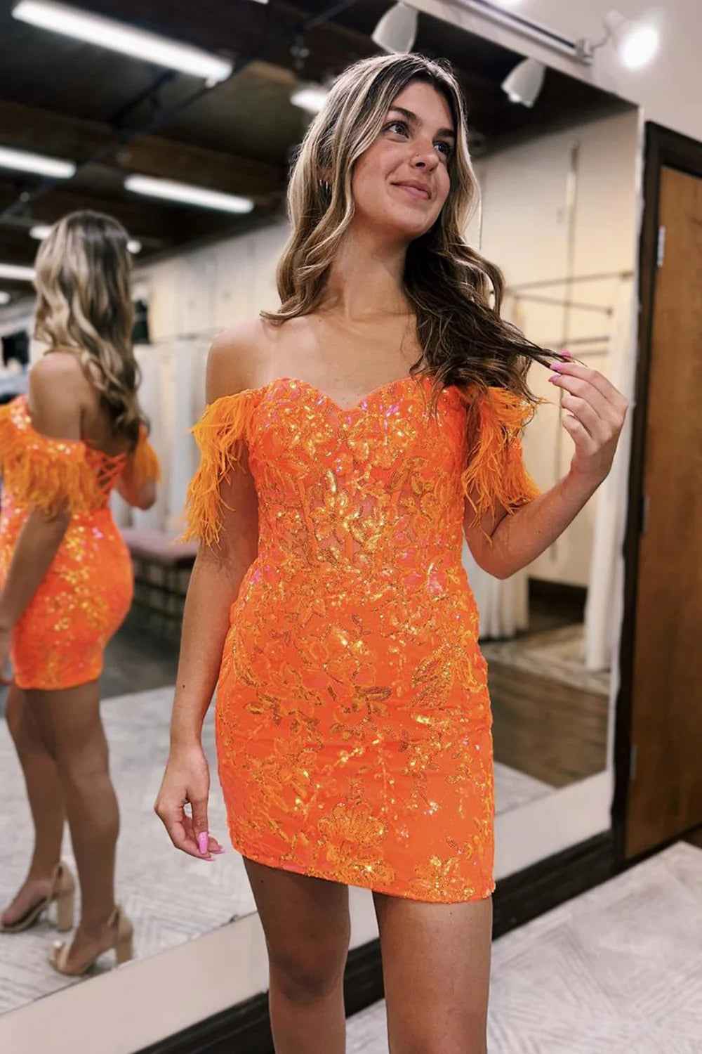 Sparkly Blue Lace Sequined Tight Short Homecoming Dress with Feathers Bmbride