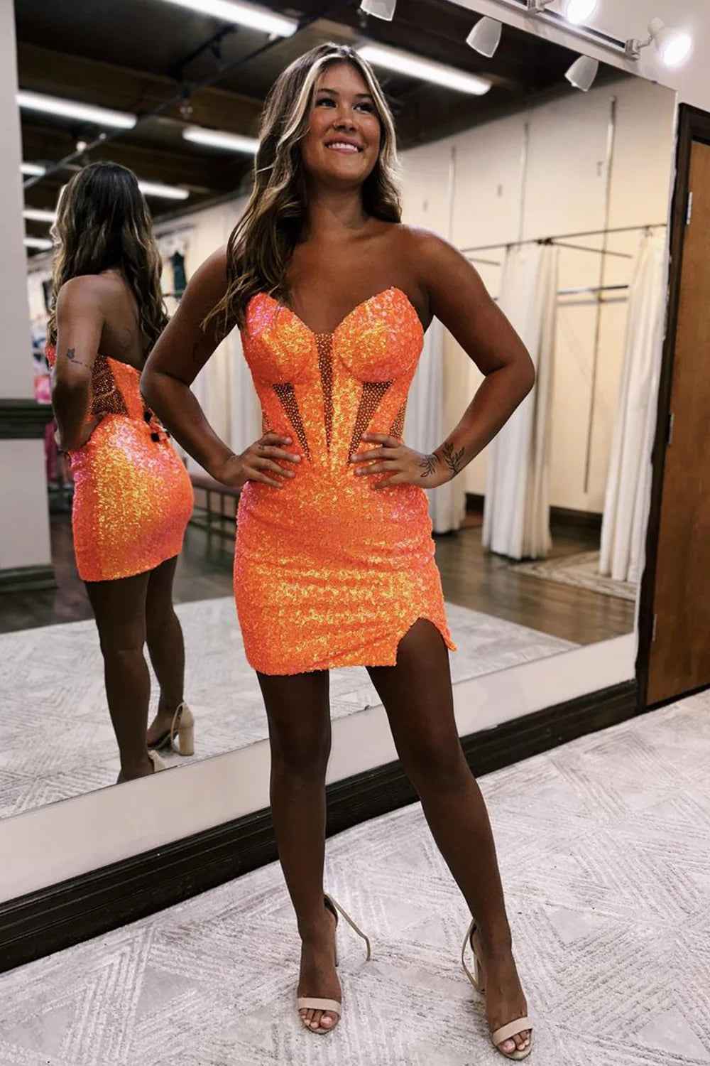Sparkly Orange Corset Sweetheart Tight Short Homecoming Dress with Slit Bmbride