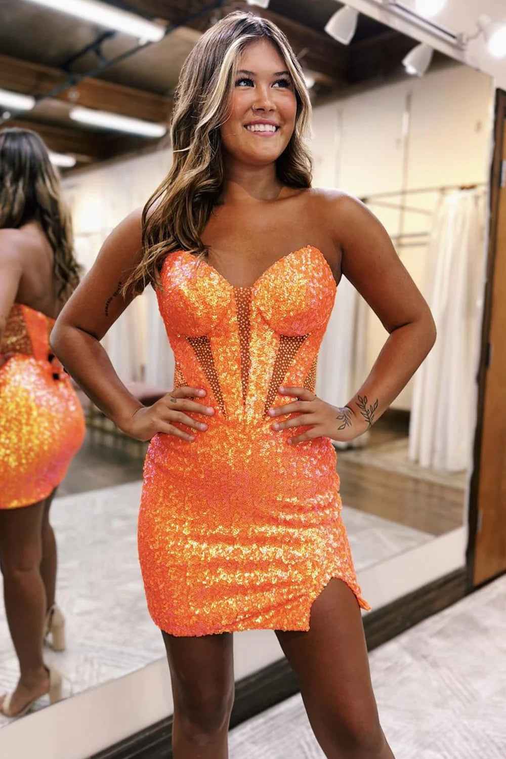 Sparkly Orange Corset Sweetheart Tight Short Homecoming Dress with Slit Bmbride