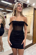 Glitter Black Corset Sequins Off the Shoulder Tight Short Homecoming Dress Bmbride