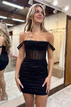 Glitter Black Corset Sequins Off the Shoulder Tight Short Homecoming Dress Bmbride