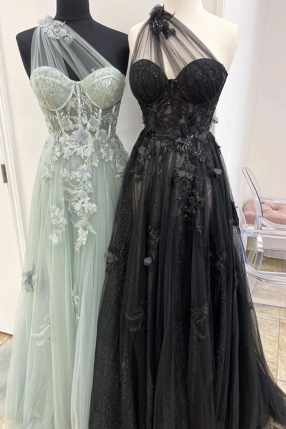 Elegant A-Line One Shoulder Black Long Prom Dress with Appliques BM bride