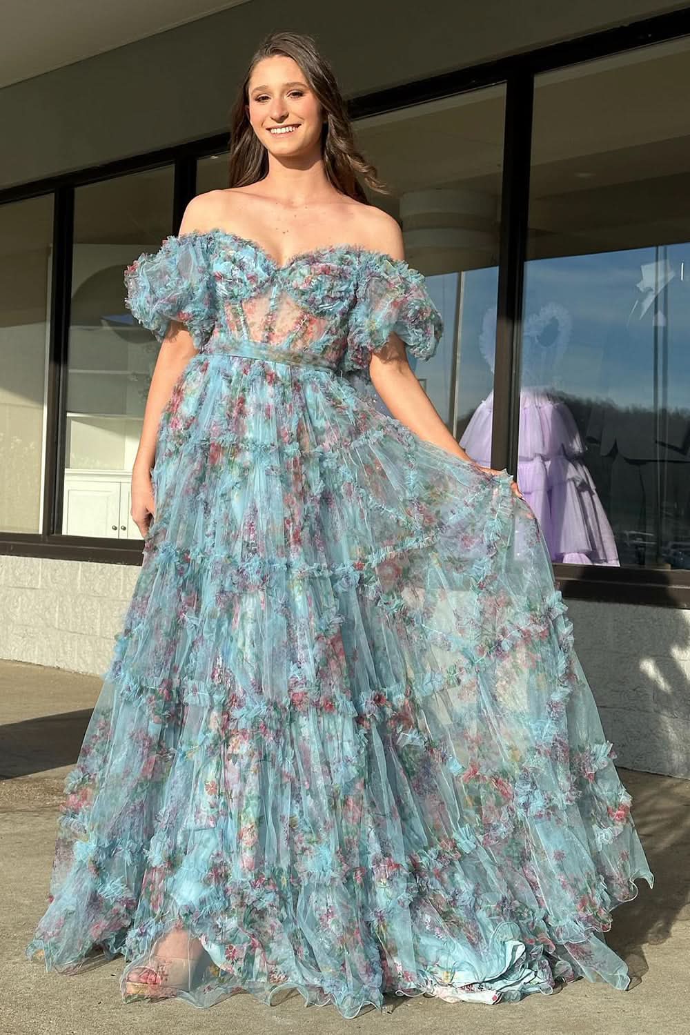 Lovely A-Line Off-The-Shoulder Floral Tulle Prom Dress BM bride