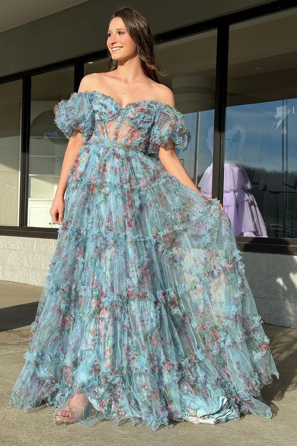 Sweet A-Line Sweetheart Printed Tulle Long Prom Dress BM bride
