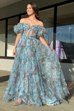 Sweet A-Line Sweetheart Printed Tulle Long Prom Dress BM bride