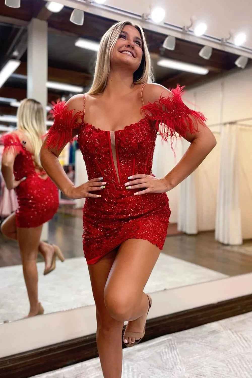 Sparkly Red Lace Tight Short Homecoming Dress with Detachable Feathers Bmbride