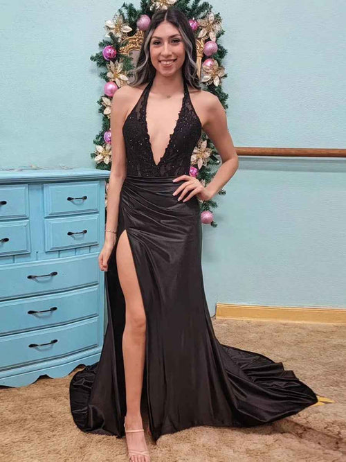Halter Fitted Lace Bodice Long Prom Dress with Slit BMBRIDE