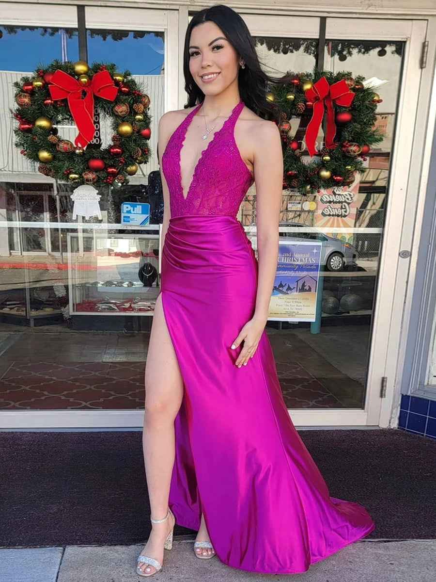 Halter Fitted Lace Bodice Long Prom Dress with Slit