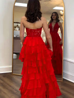 Halter Lace Appliques Chiffon Ruffle Prom Dress with Slit