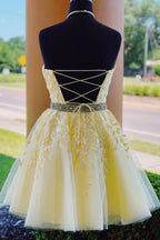 Halter Neck Short Purple Lace Homecoming Dress BM bride