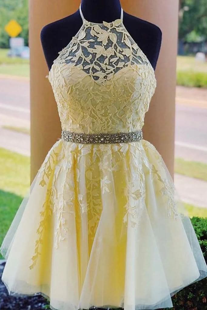 Halter Neck Short Purple Lace Homecoming Dress BM bride
