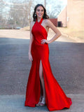 Halter Neck Satin Mermaid Long Prom Dress with Slit
