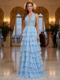 Halter Lace Appliques Chiffon Ruffle Prom Dress with Slit