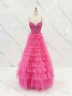 Hot Pink Crystal Corset Tiered Ruffle Long Prom Dress