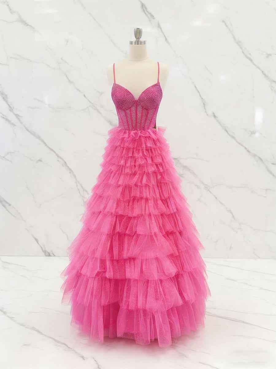 Hot Pink Crystal Corset Tiered Ruffle Long Prom Dress