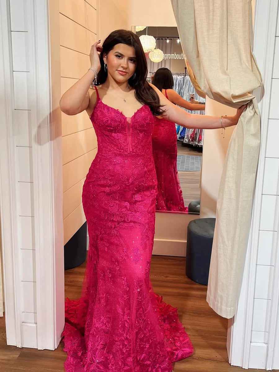 Hot Pink Floral Lace Appliqu¡§| Mermaid Long Prom Dress