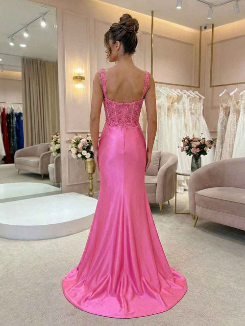 Hot Pink Floral Lace Satin Corset Mermaid Long Prom Dress BMBRIDE