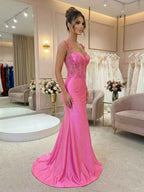 Hot Pink Floral Lace Satin Corset Mermaid Long Prom Dress