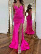 Hot Pink Lace-Up Back Corset Shimmer Prom Dress with Slit