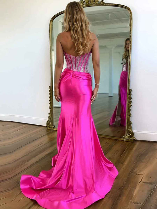 Mermaid Beaded Top Long Satin Prom Dress with Slit BMBRIDE