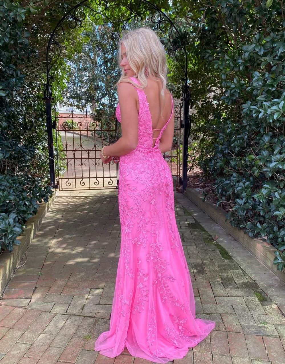 Gorgeous Hot Pink Mermaid Plunge V Neck Lace Prom Dress BM bride