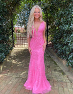 Gorgeous Hot Pink Mermaid Plunge V Neck Lace Prom Dress BM bride