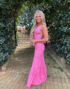 Gorgeous Hot Pink Mermaid Plunge V Neck Lace Prom Dress BM bride