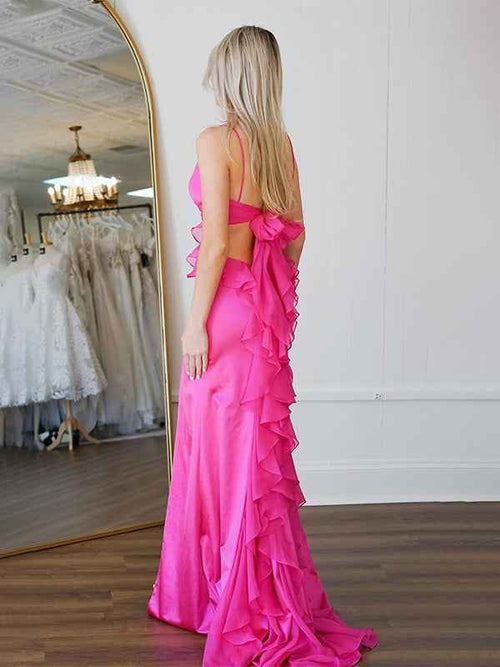 Hot Pink Mermaid Spaghetti Straps Waist Hollow Long Prom Dress with Slit BMBRIDE
