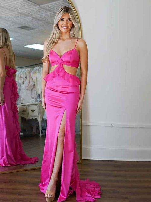 Hot Pink Mermaid Spaghetti Straps Waist Hollow Long Prom Dress with Slit BMBRIDE