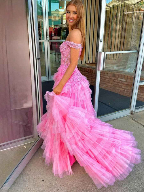 Hot Pink Off the Shoulder Tulle Long Prom Dress with Appliques BMBRIDE