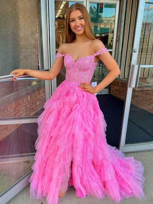 Hot Pink Off the Shoulder Tulle Long Prom Dress with Appliques BMBRIDE