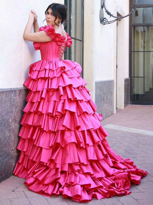 Hot Pink Ruffled Tiered Corset Long Prom Dress with Slit BMBRIDE