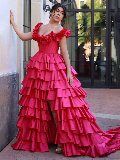 Hot Pink Ruffled Tiered Corset Long Prom Dress with Slit BMBRIDE