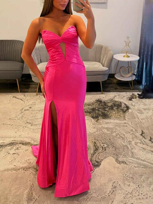 Hot Pink Satin Strapless Long Cutout Prom Dress with Slit BMBRIDE