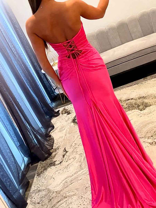 Hot Pink Satin Strapless Long Cutout Prom Dress with Slit BMBRIDE