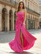 Hot Pink Satin Strapless Long Prom Dress with 3D Rose Accent