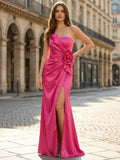Hot Pink Satin Strapless Long Prom Dress with 3D Rose Accent