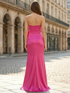 Hot Pink Satin Strapless Long Prom Dress with 3D Rose Accent