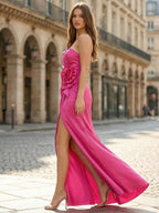 Hot Pink Satin Strapless Long Prom Dress with 3D Rose Accent