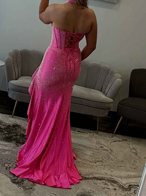 Hot Pink Sparkle Halter Corset Prom Dress with Ruffle Slit BMBRIDE